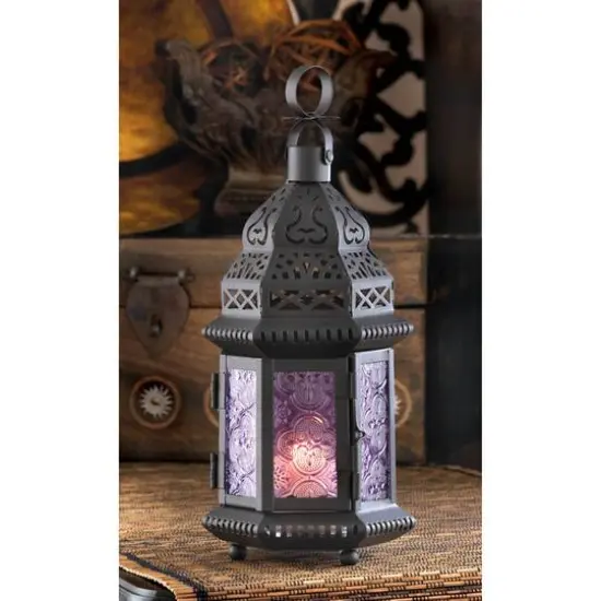 11'' Etched Purple Glass Moroccan Style Hanging Lantern {3}