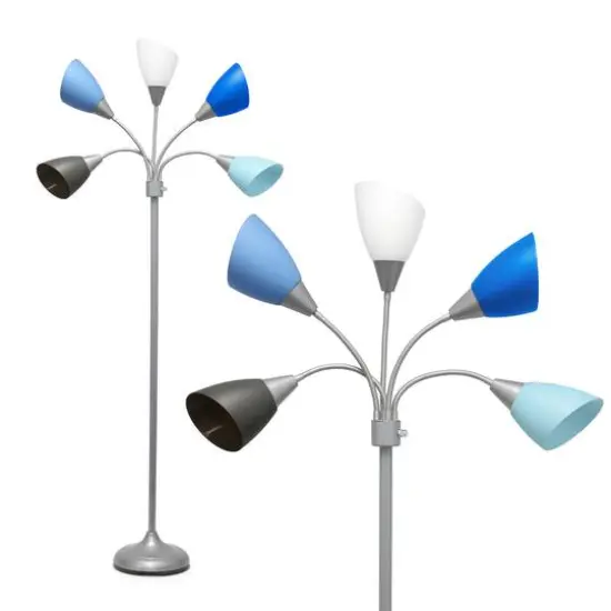 Simple Designs&trade; 5.6ft. 5-Light Gooseneck Silver Floor Lamp Silver White Gray and Blue Shades {9}