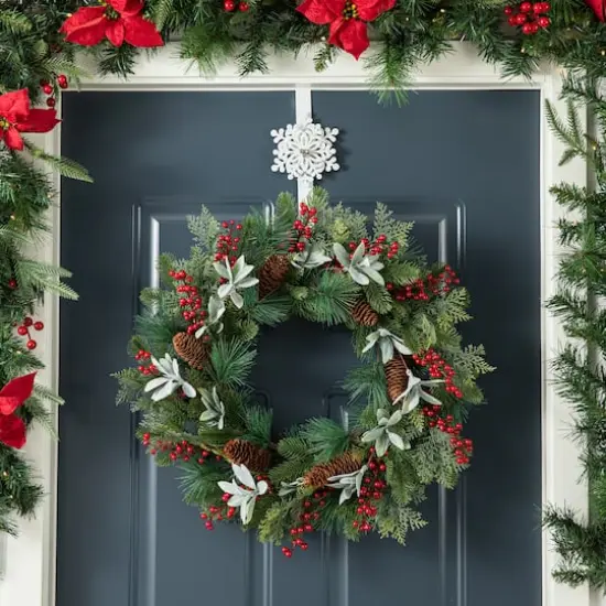 Glitzhome&reg; 14" Christmas Metal Snowflake & Poinsettia Wreath Hanger Set {4}