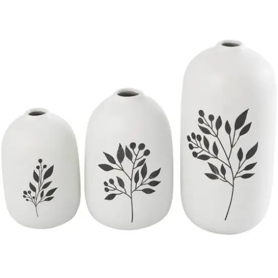 White Ceramic Vase with Black Leaf & Berry Prints Set {1}