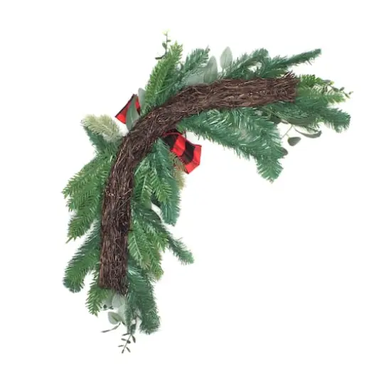 24" Mixed Pine, Leaves & Pinecone Corner Swags with Red Buffalo Check Bows, 2ct. {5}