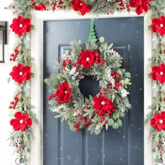 Glitzhome&reg; 24"D Christmas Red Mangnolia & Berry Wreath {5}