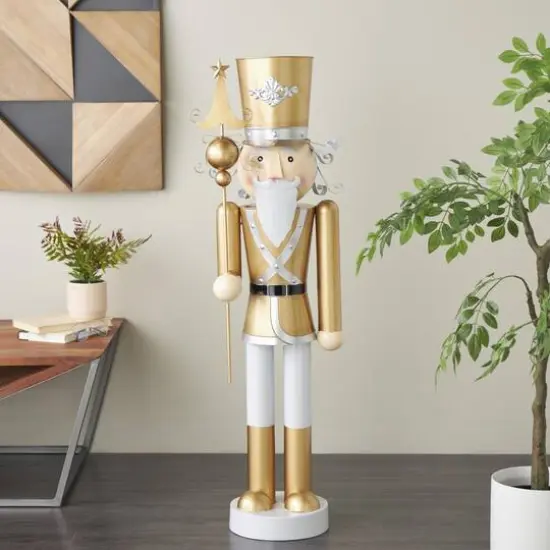46.5" Gold & Silver Metal Standing Nutcracker Sculpture {3}