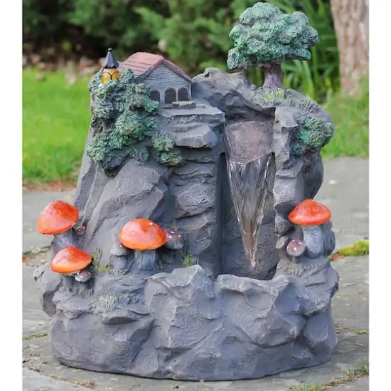 24.5" Solar LED Lighted Mushrooms by Waterfall Outdoor Patio Garden Water Fountain {5}