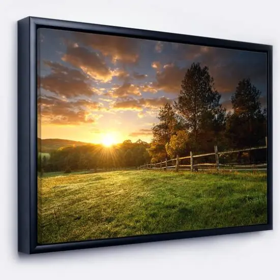 Designart - Fenced Ranch at Sunrise - Landscape Framed Canvas Art Print Gold {2}