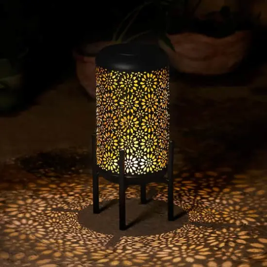 Glitzhome&reg; 14.25" Black Metal Cutout Flower Pattern Solar Powered LED Outdoor Lantern {5}