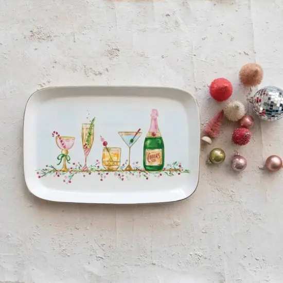 Hello Honey® 15" Stoneware Platter with Holiday Cocktails & Gold Electroplating {3}