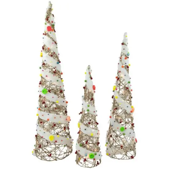 Set of 3 Lighted Champagne Gold Rattan Candy Covered Cone Tree Christmas Yard Art Decorations 39.25" {3}