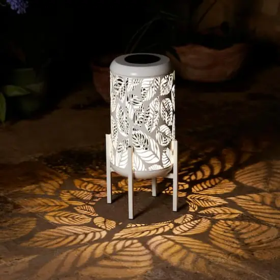 Glitzhome&reg; 14.25" White Metal Cutout Leaves Pattern Solar Powered LED Outdoor Lantern {5}