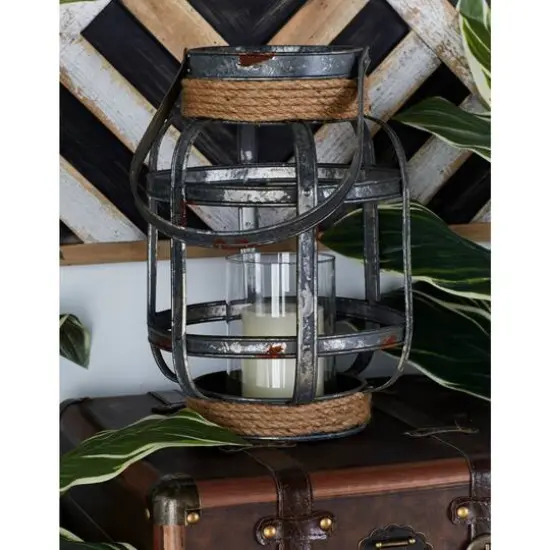 Grey Iron Industrial Candle Holder Lantern, 13" x 10" x 10" {8}