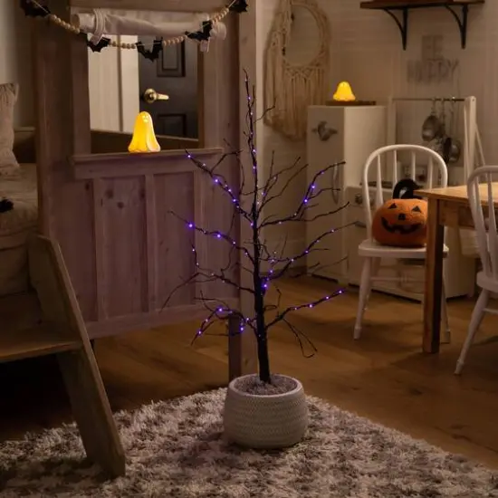 3ft. Pre-Lit Halloween Black Twig Artificial Tree with 80 Orange & Purple LED Lights {12}