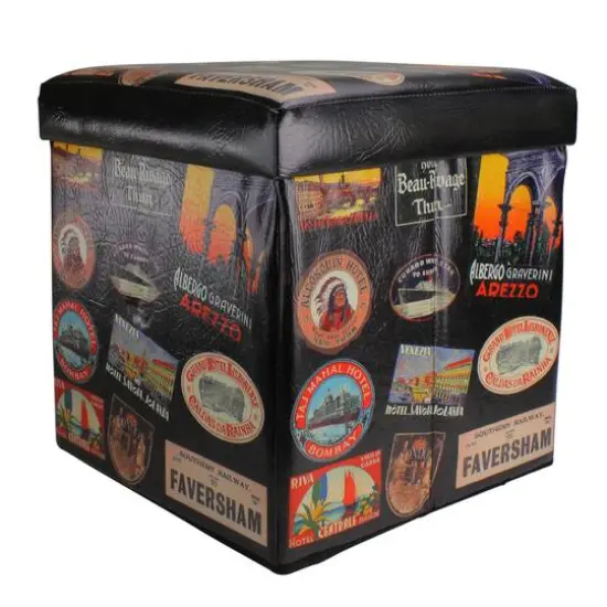 15" Brown with Travel Stickers Collapsible Ottoman {1}