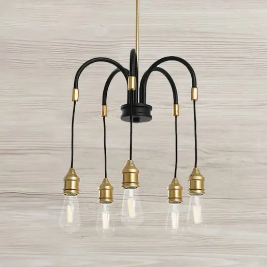 Hello Honey&reg; Robert Stevenson Lighting Harper 19" Black and Brass 5-Light Exposed Bulb 2-Tone Metal Chandelier {5}
