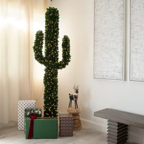 7ft. Pre-Lit Green Cactus Artificial Christmas Tree, Clear Micro LED Lights {3}