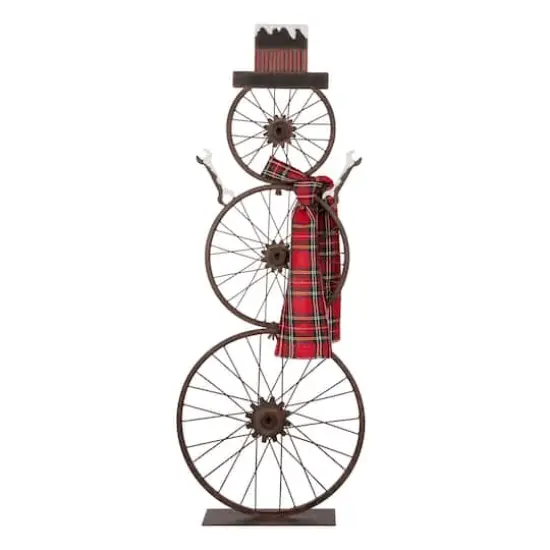 Glitzhome&reg; 34" Metal Bike Wheel Snowman with Plaid Scarf Porch D&eacute;cor {1}