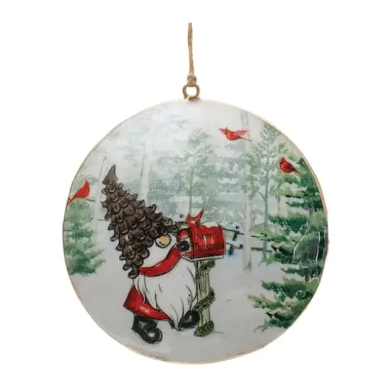 6" Gnome Cardinal Forest Metal Disc Ornaments Set {5}
