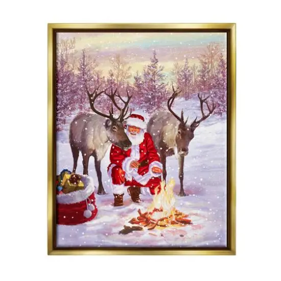 Stupell Industries Santa & Reindeer Bonfire Scene Framed Floater Canvas Wall Art Gold {1}