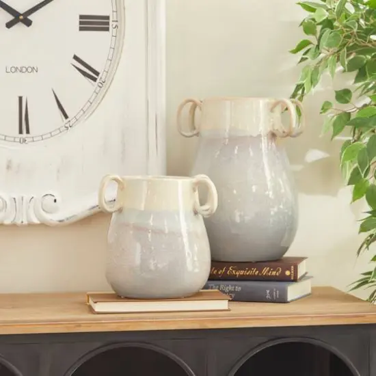 Set of 2 White Ceramic Farmhouse Vase, 12" x 10" x 9" {9}