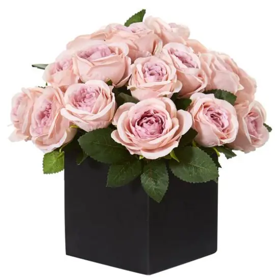 11'' Pink Rose Arrangement in Black Vase {1}