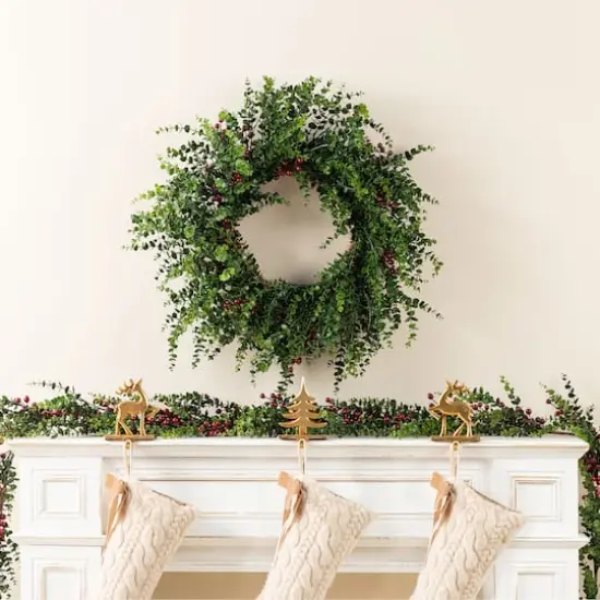 Glitzhome&reg; 28"D Christmas Greenery PE Eucalyptus Wreath with Red Berries {3}