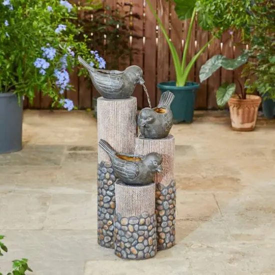 Glitzhome&reg; 30.75" 3-Tier Natural Faux Pebbles Textured Bird Basin Outdoor Fountain with LED Light {4}