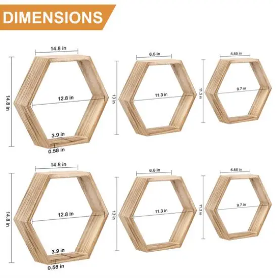 NEX&trade; Light Brown Hexagon Floating Wood Shelves Set {3}