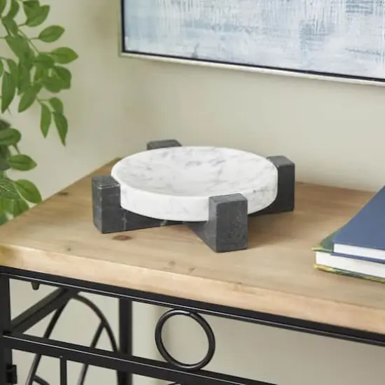 8.25" White Marble Round Tray with Black X-Shaped Base {3}