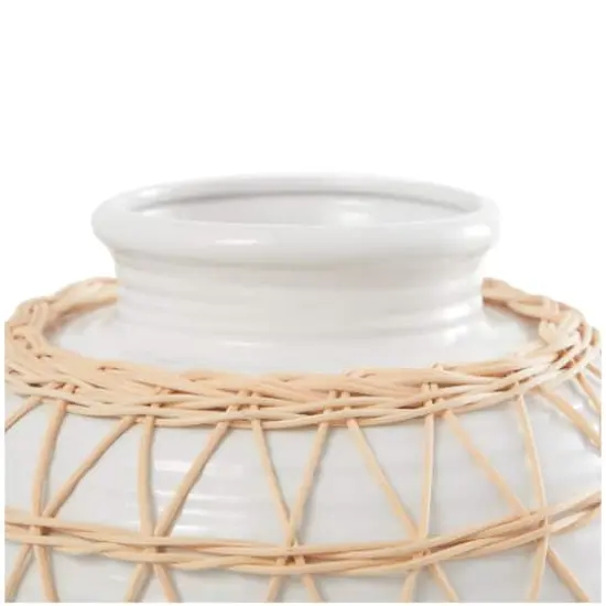 14" White Ceramic Handmade Vase with Woven Rattan Exterior {4}