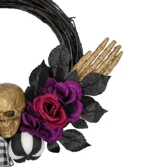 22" Skull with Hands & Purple Roses Halloween Twig Wreath {5}