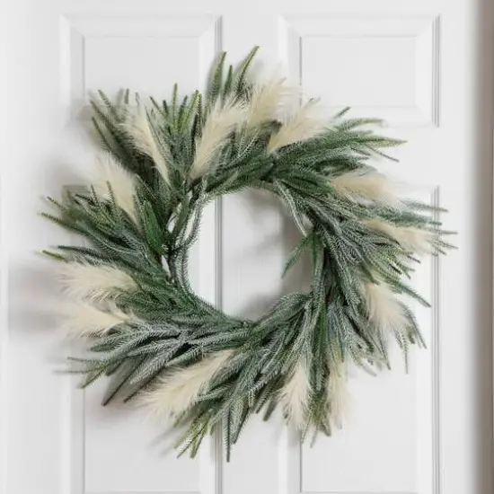 24in. Artificial Balsam Fir Pine and Pampas Wreath with 50 Color Changing LED Lights {15}