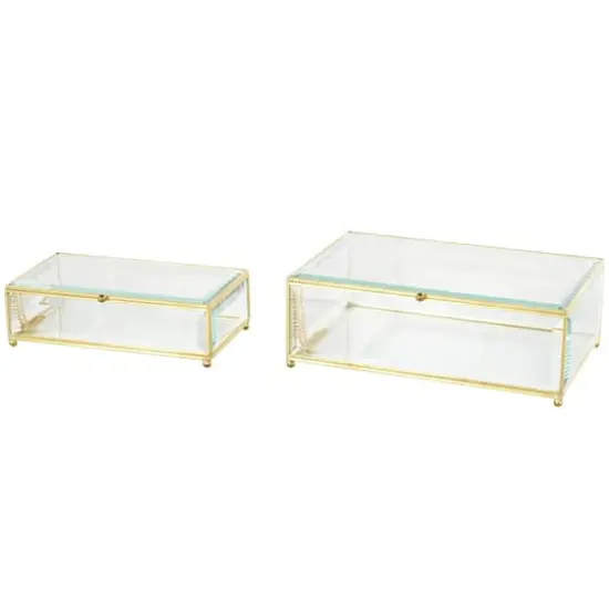 Clear & Gold Beveled Glass & Metal Rectangle Footed Jewelry Box with Chain Accent Set {1}