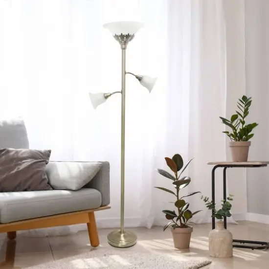 Lalia Home Torchiere Floor Lamp with 2 Reading Lights Antique Brass/White Shades {3}