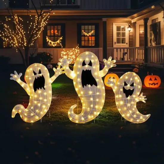 Glitzhome&reg; Set of 3 Lighted Halloween 2.5D Ghosts Family Outdoor Decor {3}