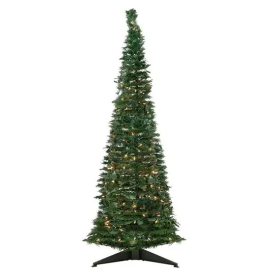 6ft. Pre-Lit Slim Green Holly Leaf Pop-Up Artificial Christmas Tree with Clear Lights {4}