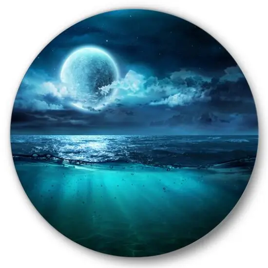 Designart - Romantic Moon Over Deep Blue Sea II - Nautical & Coastal Metal Circle Wall Art {1}