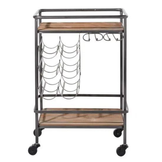 2-Tier Brown Chinese Fir and Metal Industrial Bar Cart {4}