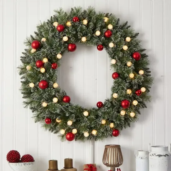 4ft. Oversized Pre-Lit Frosted Holiday Christmas Wreath with Ornaments {5}