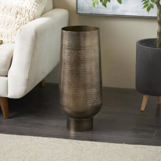 23.5" Brass Aluminum Metal Geometric Textured Wide Floor Vase with Elevated Base {9}