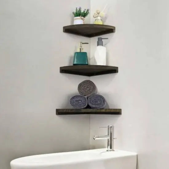 Brown Rustic Floating Corner Wall Shelf Set {7}