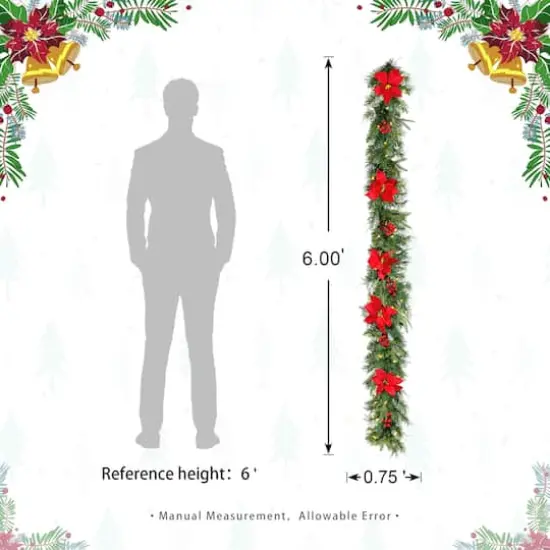 Glitzhome® 6ft. Pre-Lit Pine, Red Poinsettia & Berries Christmas Garlands with Timers, 2ct. {9}