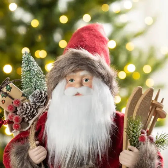 Glitzhome® 18"H Faux Fur Christmas Red Woodland Santa Figurine with Porcelain Face {4}
