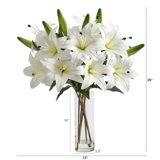 25" Artificial White Lily Arrangement with Cylinder Glass Vase {3}