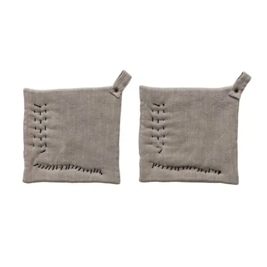 Hello Honey&reg; 8" Square Cream & Black Cotton Slub-Printed Potholder Set for Cooking & Kitchenware {4}