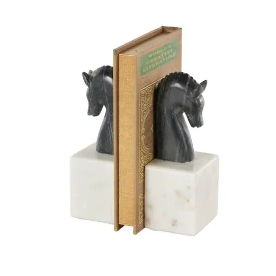 7" Black Marble Horse Distressed Decorative Bookends with White Block Bases, 2ct. {8}