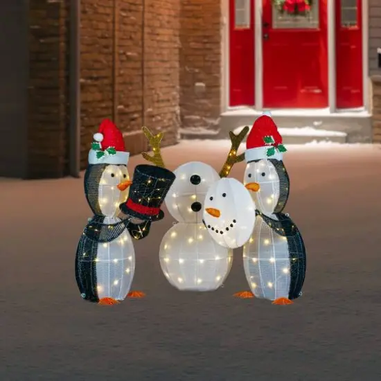 LED Penguins Building Snowman Outdoor Christmas D&eacute;cor Set {8}