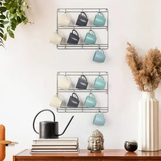 NEX&trade; Silver 3-Tier Metal Wall Mounted Coffee Cup Holder Set {7}