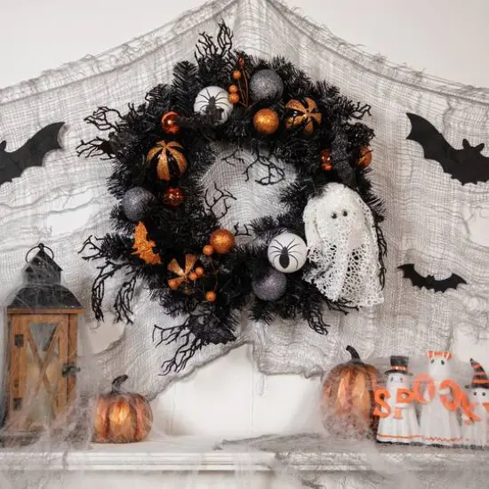 24'' Unlit Orange Ornaments and Ghost Halloween Pine Wreath {3}