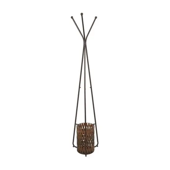 6ft. Brown Metal Geometric 3-Hanger Coat Rack with Basket {7}
