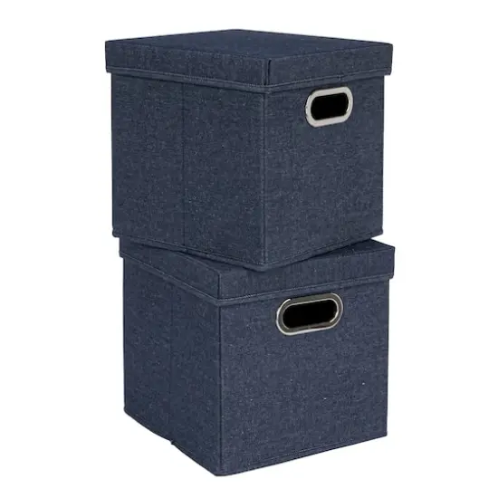 Household Essentials 11.5" Denim Blue Collapsible Cotton Blend Cube Storage Box with Lid, 2ct. {1}