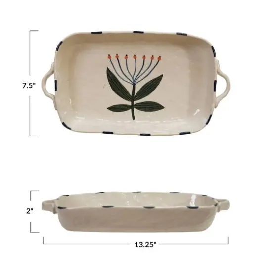 Hello Honey 1-Quart Hand-Painted Stoneware Organic Shaped Baker with Handles and Flower, Multicolor {4}